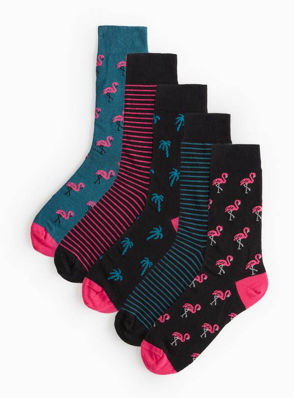 Flamingo Palm Tree Pattern Ankle Socks 5 Pack 6-8.5